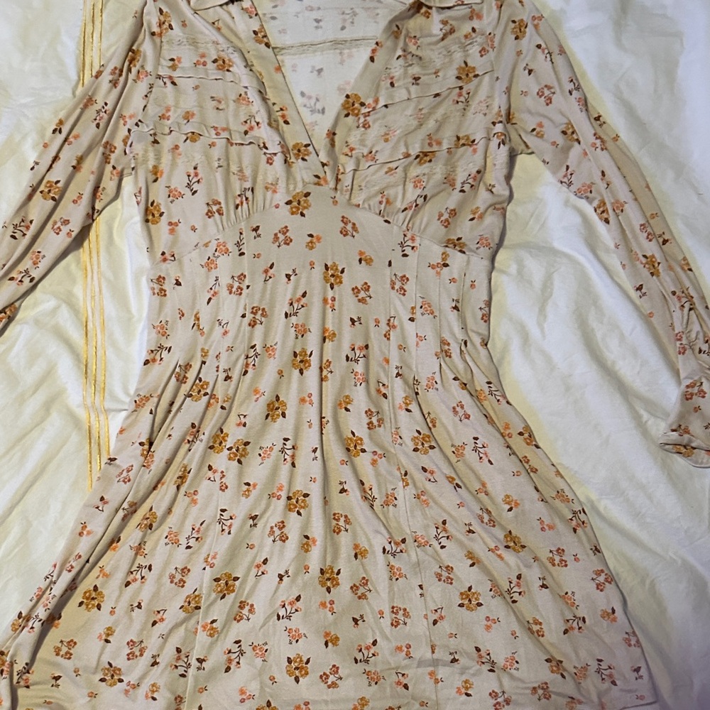 Free People Floral Beige Long Sleeve Dress